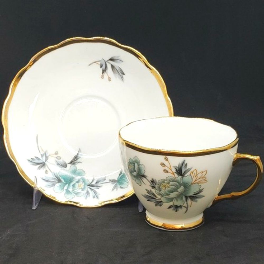 Delphine Vintage Teal Floral Gold Gilding China 9020 Cup & Saucer Set